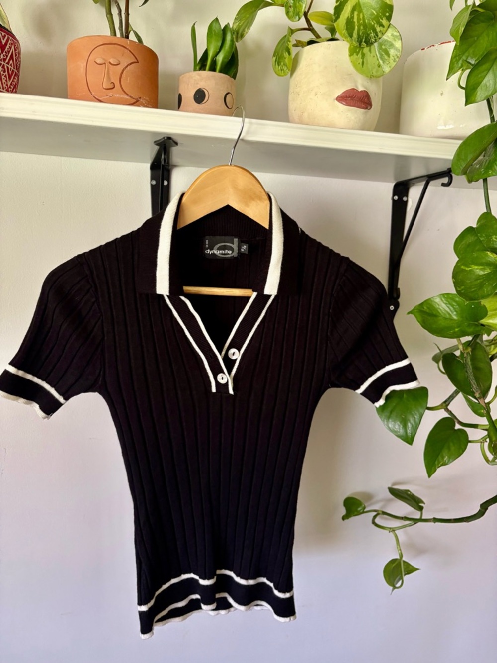 Black Ribbed Polo Top with White Trim